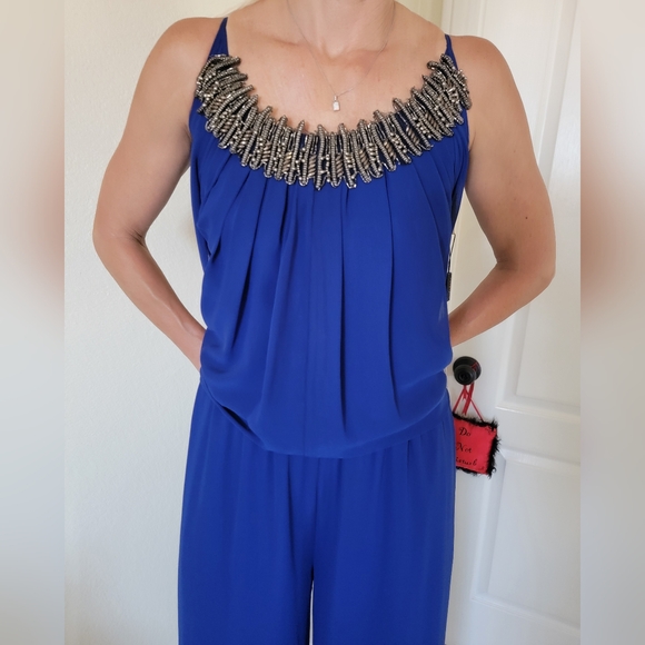 New Elegant Royal Blue Embelished Jumpsuit By Alfa Beta, Size M/L,Made In Turkey - Picture 2 of 8